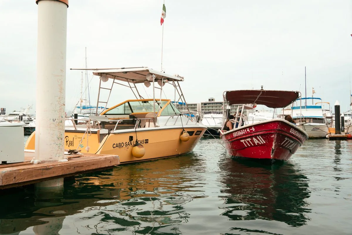 Boats moored at the Cabo San Lucas marina, where the sunset cruise departs